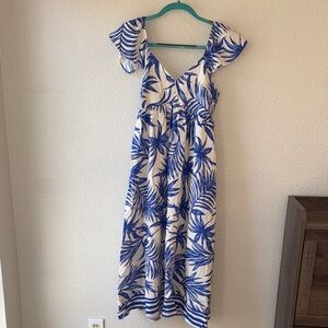 Pink Lily Blue and White Leaf Print Midi Dress